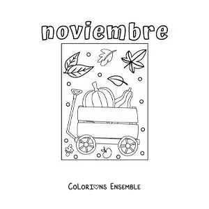 Image à colorier de novembre avec une charrette remplie de citrouilles d'automne