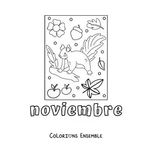 Image à colorier de novembre avec un écureuil tout mignon et des feuilles d'automne