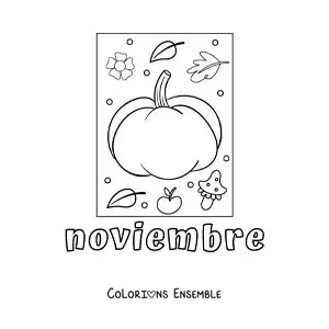 Image à colorier de novembre avec une citrouille et des feuilles d'automne