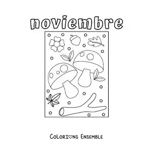 Image à colorier de novembre avec des champignons et des feuilles d'automne