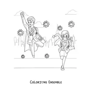 Image à colorier de deux médecins super-héros luttant contre le coronavirus