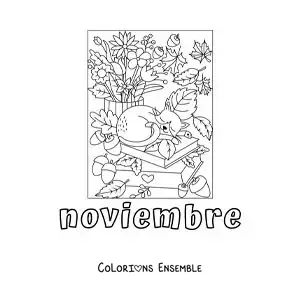 Image à colorier de novembre avec un chat endormi sur une pile de livres en automne