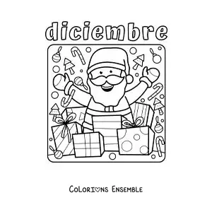 Image à colorier de décembre avec un Père Noël tout mignon portant des cadeaux