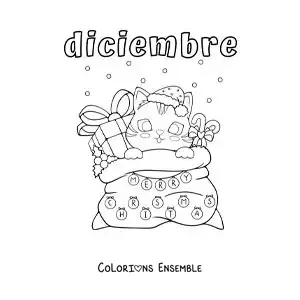 Image à colorier de décembre avec un chat tout mignon dans un sac de cadeaux