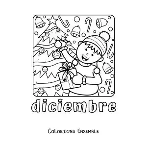 Image à colorier de décembre avec un enfant tenant des cadeaux près du sapin de Noël
