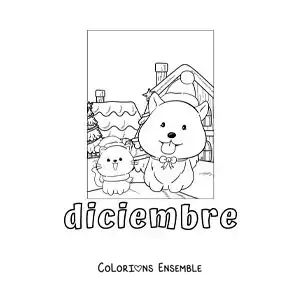 Image à colorier de décembre avec un chien et un chat de Noël tout mignons
