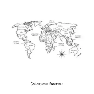Image à colorier d'une carte du monde politique avec les noms des pays