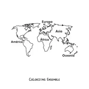 Image à colorier d'une carte du monde avec les noms des continents