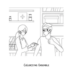 Image à colorier d’une médecin vaccinant un patient dans un cabinet