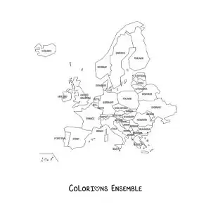 Image à colorier d'une carte du continent européen avec les noms