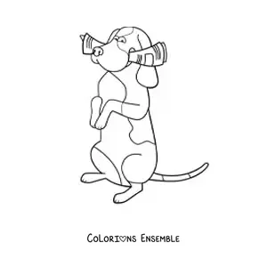 Image à colorier d’un basset hound sur deux pattes mordillant un journal