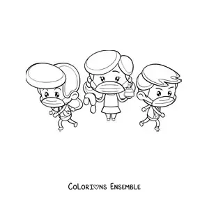Image à colorier de trois médecins kawaii avec un masque luttant contre le coronavirus