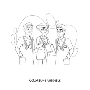 Image à colorier de trois médecins en uniforme