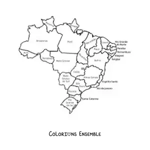 Image à colorier d'une carte politique du Brésil avec les noms