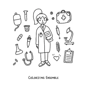 Image à colorier d’une médecin entourée d’instruments médicaux