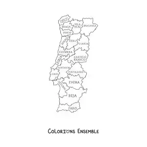 Image à colorier d'une carte politique du Portugal avec les noms