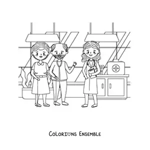 Image à colorier d’une médecin et de deux patients âgés dans un cabinet médical