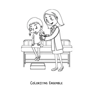 Image à colorier d’une pédiatre faisant une piqûre à une fille