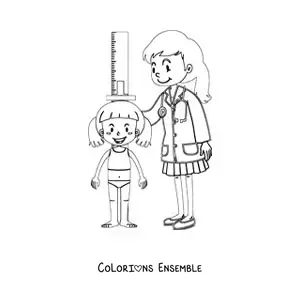 Image à colorier d’une pédiatre mesurant la taille d’une fille