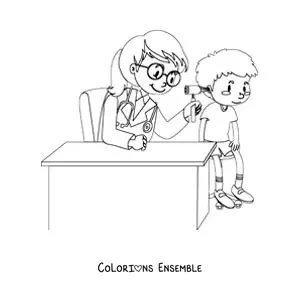 Image à colorier d’une pédiatre examinant l’oreille d’un garçon dans le cabinet