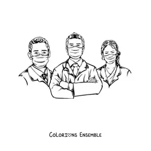 Image à colorier de trois médecins portant un masque
