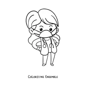 Image à colorier d’une femme médecin kawaii avec un masque et un stéthoscope