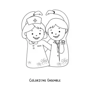 Image à colorier d’un médecin et d’une infirmière