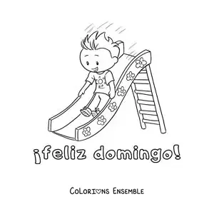 Image à colorier de bon dimanche avec un garçon qui joue sur un toboggan