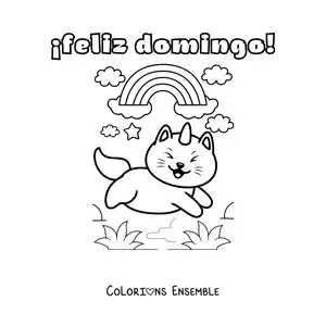 Image à colorier de bon dimanche avec un chat licorne kawaii animé et un arc-en-ciel