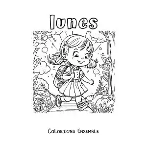 Image à colorier du lundi avec une fille qui marche vers l'école