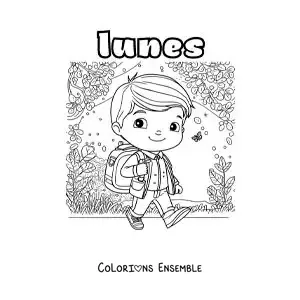 Image à colorier du lundi avec un garçon qui marche vers l'école