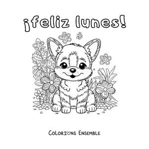 Image à colorier de bon lundi avec un chien kawaii animé entouré de fleurs