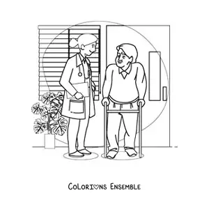 Image à colorier d’une médecin parlant avec un patient âgé dans un cabinet