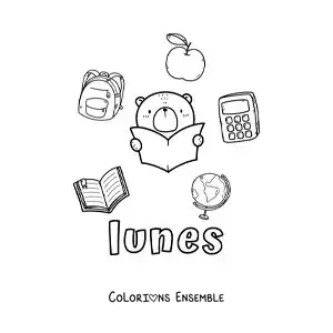Image à colorier du lundi avec des fournitures scolaires et un ours animé qui étudie