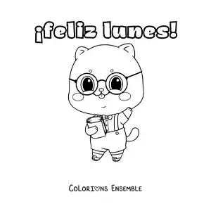 Image à colorier de bon lundi avec un chat studieux kawaii animé