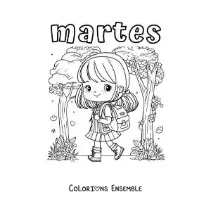 Image à colorier du mardi avec une fille en route pour l'école
