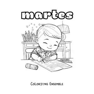 Image à colorier du mardi avec un garçon qui fait ses devoirs
