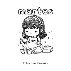 Image à colorier du mardi avec une fille qui lit un livre
