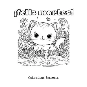 Image à colorier de bon mardi avec un chat adorable entouré de fleurs
