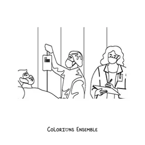 Image à colorier de deux médecins s’occupant d’un patient hospitalisé