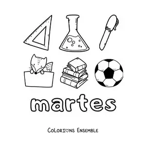 Image à colorier du mardi avec des fournitures scolaires