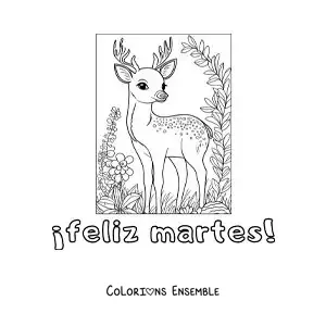 Image à colorier de bon mardi avec un cerf adorable entouré de fleurs