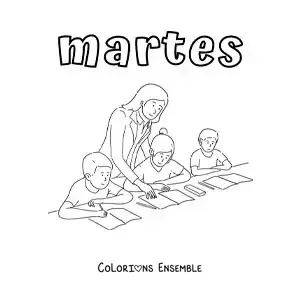 Image à colorier du mardi avec des enfants en classe avec la maîtresse
