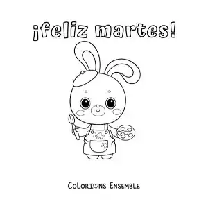 Image à colorier de bon mardi avec un lapin peintre kawaii animé