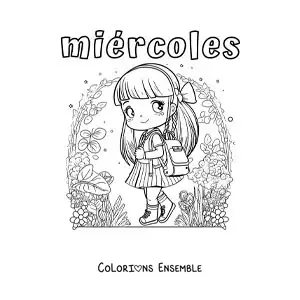 Image à colorier du mercredi avec une fille qui marche vers l'école