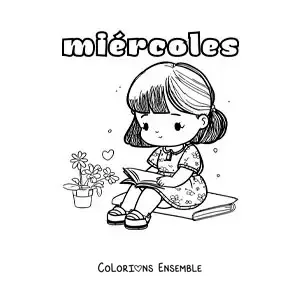 Image à colorier du mercredi avec une fille kawaii qui lit un livre