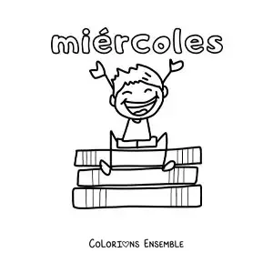 Image à colorier du mercredi avec un petit garçon heureux assis sur des livres