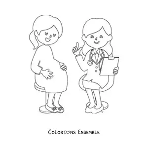 Image à colorier d’une gynécologue avec une patiente enceinte kawaii