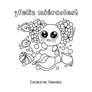 Image à colorier de joyeux mercredi avec un axolotl kawaii animé