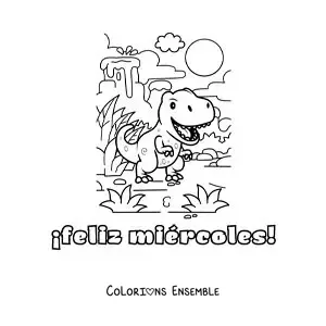 Image à colorier de bon mercredi avec un dinosaure animé